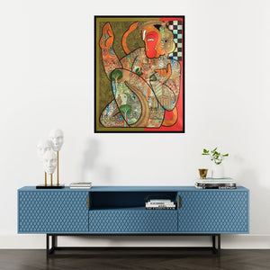 Preview of 'Hanuman 1 (Hanuman in Blessing Pose) (Hanuman Inner World)' Painting by Ramesh Gorjala shown on a wall in a furnished room.