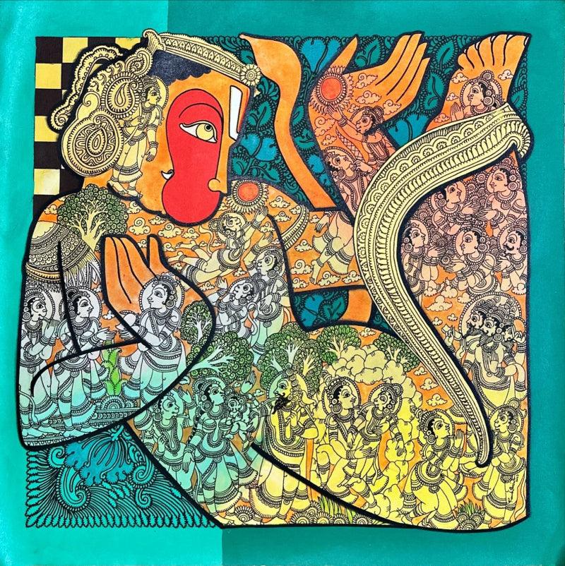 Religious acrylic painting titled 'Hanuman', 28x28 inches, by artist Ramesh Gorjala on Canvas