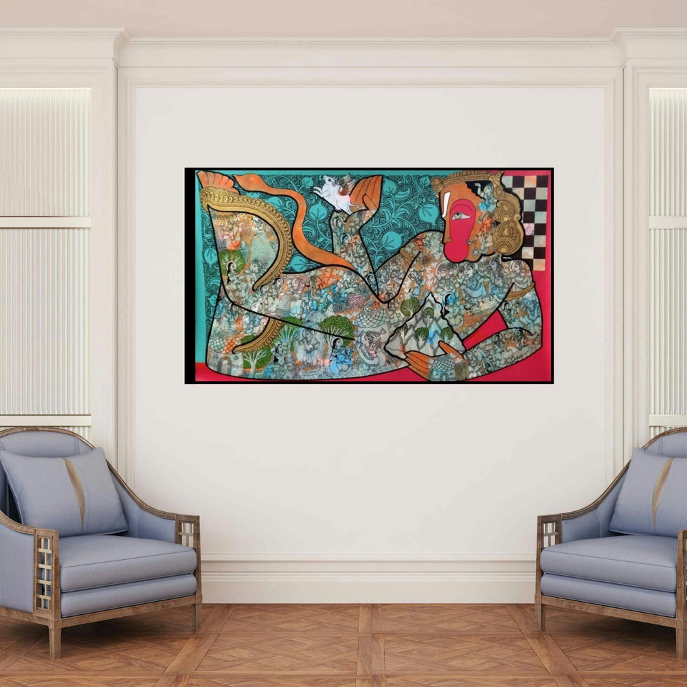 'Hanuman 2 (Hanuman, the Divine Monkey)' painting by Ramesh Gorjala shown on a wall in a furnished room.