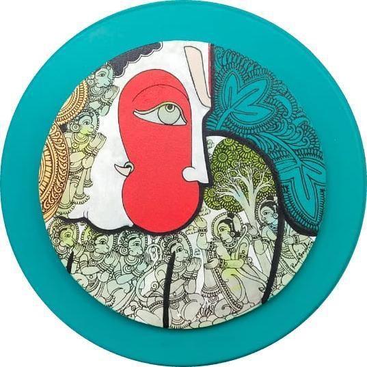 Religious acrylic painting titled 'Hanuman 3', 16x16 inches, by artist Ramesh Gorjala on Canvas