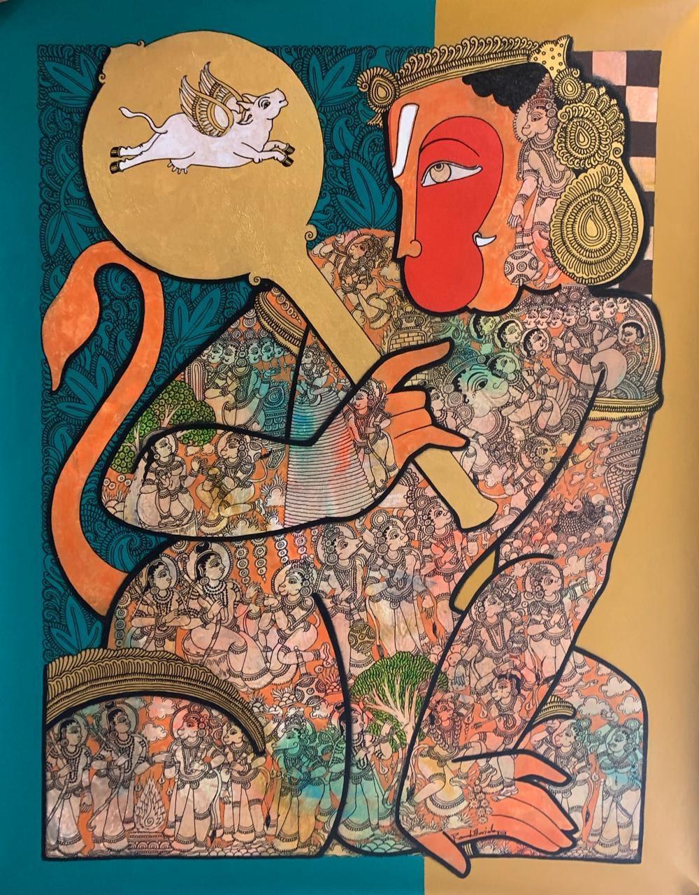 Religious acrylic painting titled 'Hanuman 6', 36x27 inches, by artist Ramesh Gorjala on Canvas