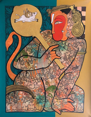 Religious acrylic painting titled 'Hanuman 6', 36x27 inches, by artist Ramesh Gorjala on Canvas