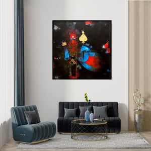 Preview of 'Hanuman Ji (The Fierce Protector)' Painting by Amol Pawar shown on a wall in a furnished room.