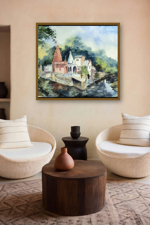 Hanuman Temple (Sacred Confluence) by artist Ghanshyam Dongarwar displayed in a Luxury gallery