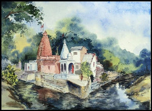 Hanuman Temple (Sacred Confluence) by Ghanshyam Dongarwar, Original Watercolor Landscape Painting on Cold Pressed Paper, Small Horizontal Wall Art