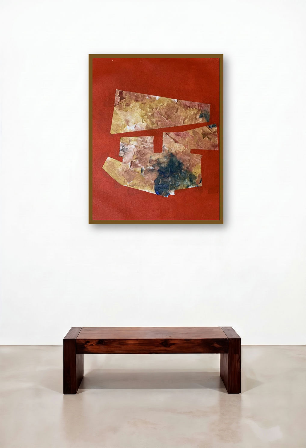 Hanumanji (Hanuman The Devoted Warrior) (Abstract in Crimson and Gold) by artist Amit Pithadia displayed in a Transitional Living Room