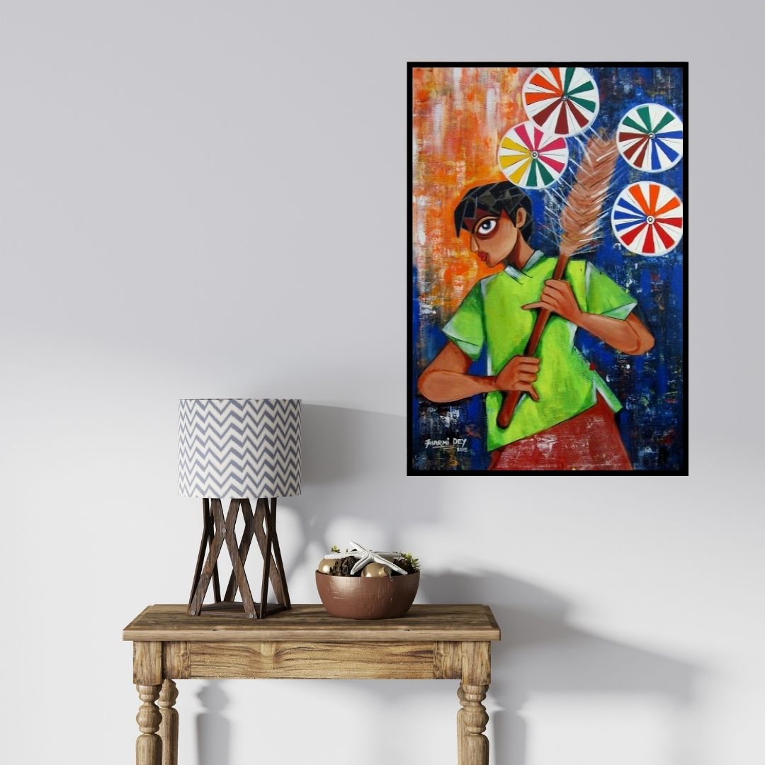 In-situ view of Sharmi Dey's 'Happiness Seller' painting in a room