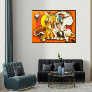 Uttam Manna's 'Happiness' painting visualized above a sofa in a contemporary room.