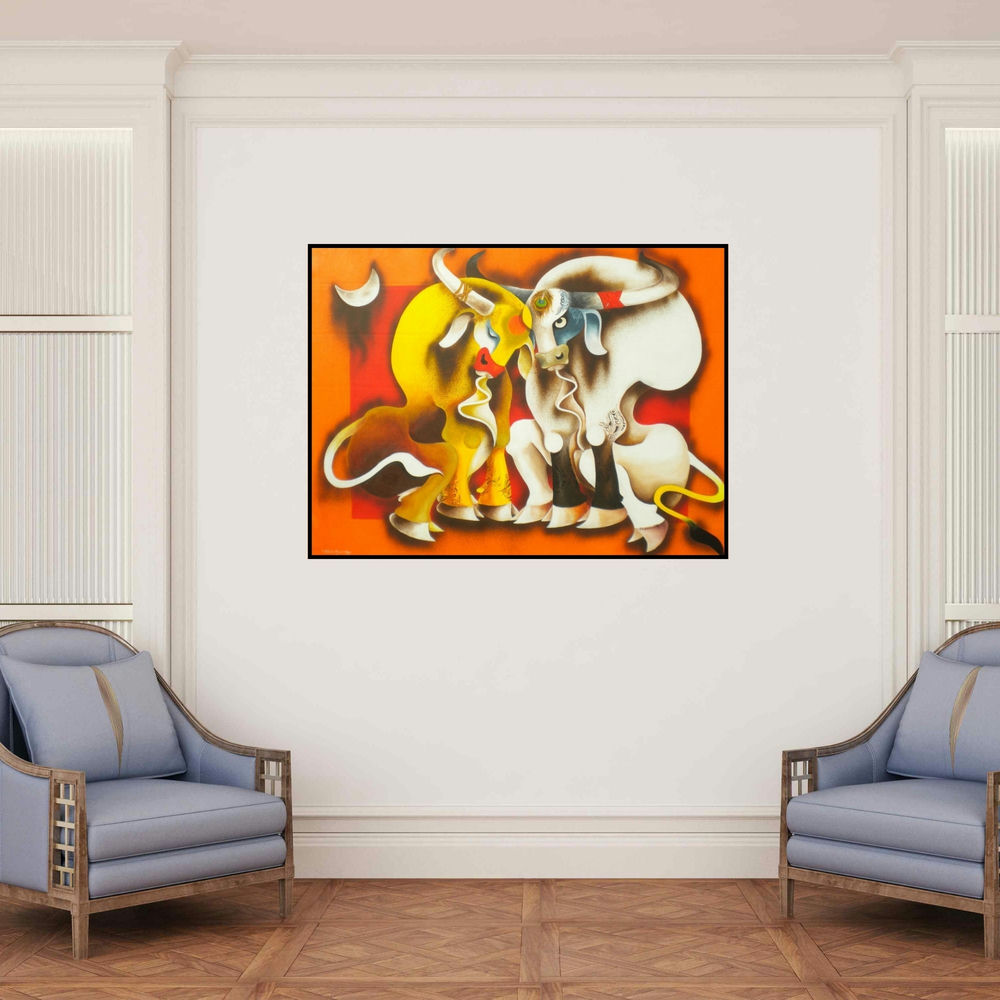 'Happiness' painting by Uttam Manna shown on a wall in a furnished room.