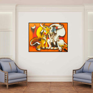 'Happiness' painting by Uttam Manna shown on a wall in a furnished room.