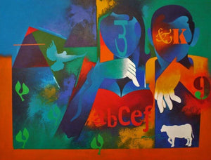 Happy Couple 2 (Dialogue of Colors) by Ranjit Singh, Original Acrylic Figurative Painting on Canvas, Large Horizontal Wall Art
