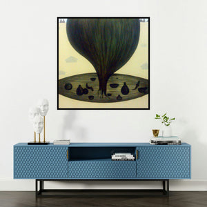 'Happy Life 1 (Tree of Life 1)' painting by Pravin Shinde shown on a wall in a furnished room.