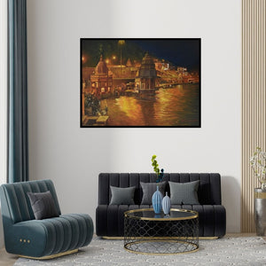 Preview of 'Har Ki Pauri Ghat Haridwar (Varanasi Ghats at Night)' Painting by Kamal Rao shown on a wall in a furnished room.