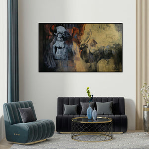 Farukh Nadaf's 'Harappa 2 (Cosmic Dance)' painting visualized above a sofa in a contemporary room.