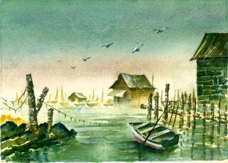 Seascape watercolor painting titled 'Harbour At Albania', 10x14 inches, by artist Ramessh Barpande on Paper
