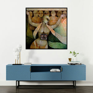 'Hari Naam' painting by Arun Samadder shown on a wall in a furnished room.