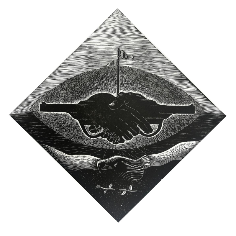 Harm Shake' contemporary wood cut printmaking by artist Prashant Kuwar, 27x27 inch, on paper