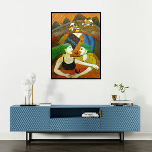Sambuddha Gupta's 'Harmony' painting visualized above a sofa in a contemporary room.