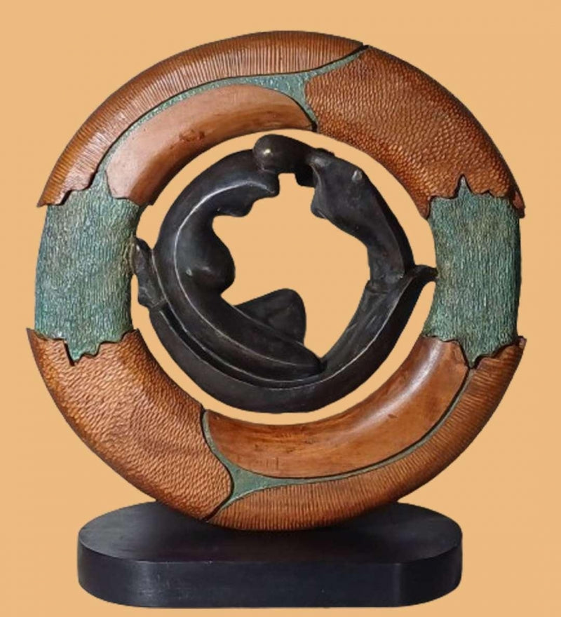 Harmony' figurative Bronze, Wood sculpture by artist Subrata Paul, 26x25 inch, on bronze, wood