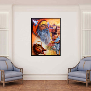 In-situ view of Arjun Das's 'Harmony Of Banaras Ghat' painting in a room