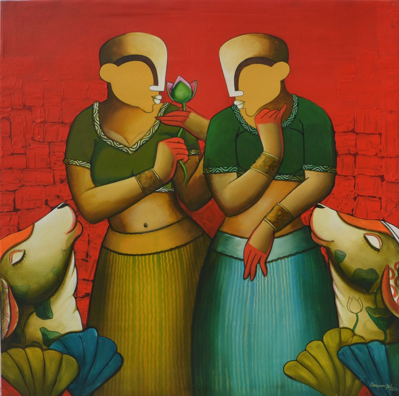'Harmony In The Herd' figurative acrylic painting by artist Anupam Pal, 45x45 inch, on canvas