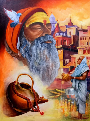 Religious acrylic oil painting titled 'Harmony of Banaras Ghat', 48x36 inches, by artist Arjun Das on Canvas