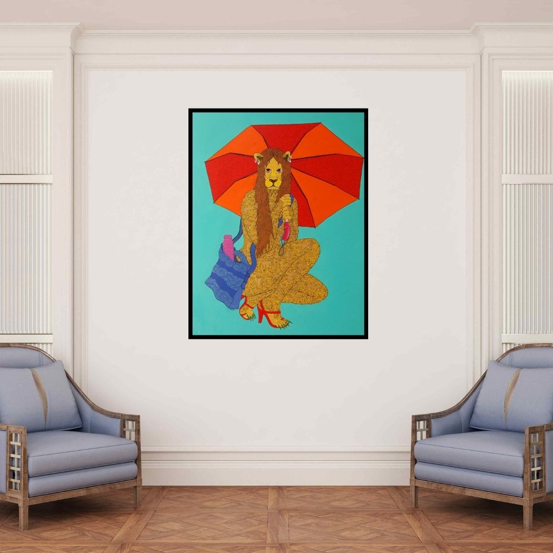 In-situ view of Bandana Kumari's 'Hasina (A Lioness's Day Out)' painting in a room