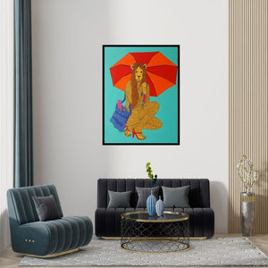 Preview of 'Hasina (A Lioness's Day Out)' Painting by Bandana Kumari shown on a wall in a furnished room.