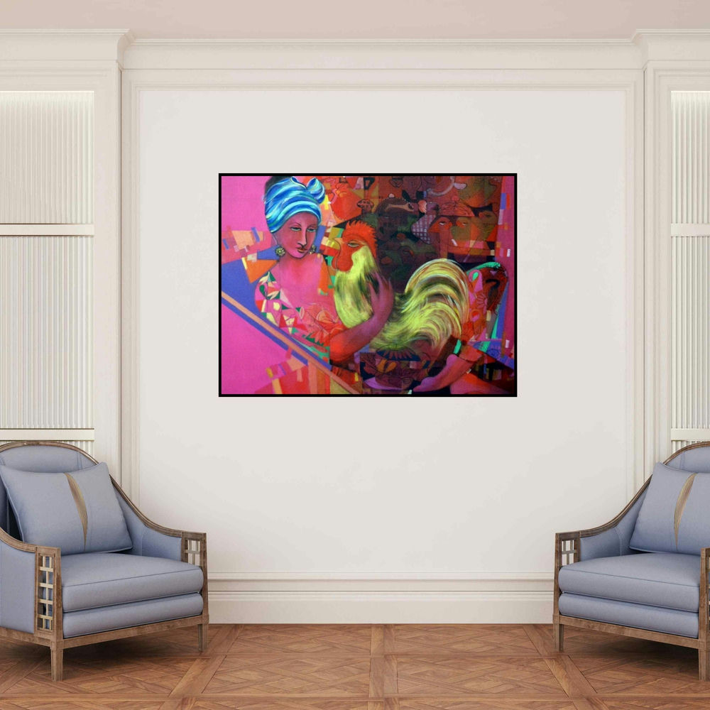 'Hava Su (The Keeper of the Flock)' painting by Madan Lal shown on a wall in a furnished room.