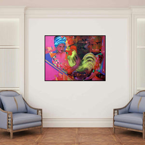 'Hava Su (The Keeper of the Flock)' painting by Madan Lal shown on a wall in a furnished room.
