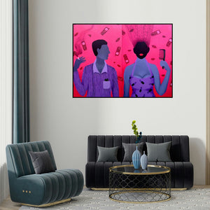 Puja Sarkar's 'He And She (Disconnected Connection)' painting visualized above a sofa in a contemporary room.