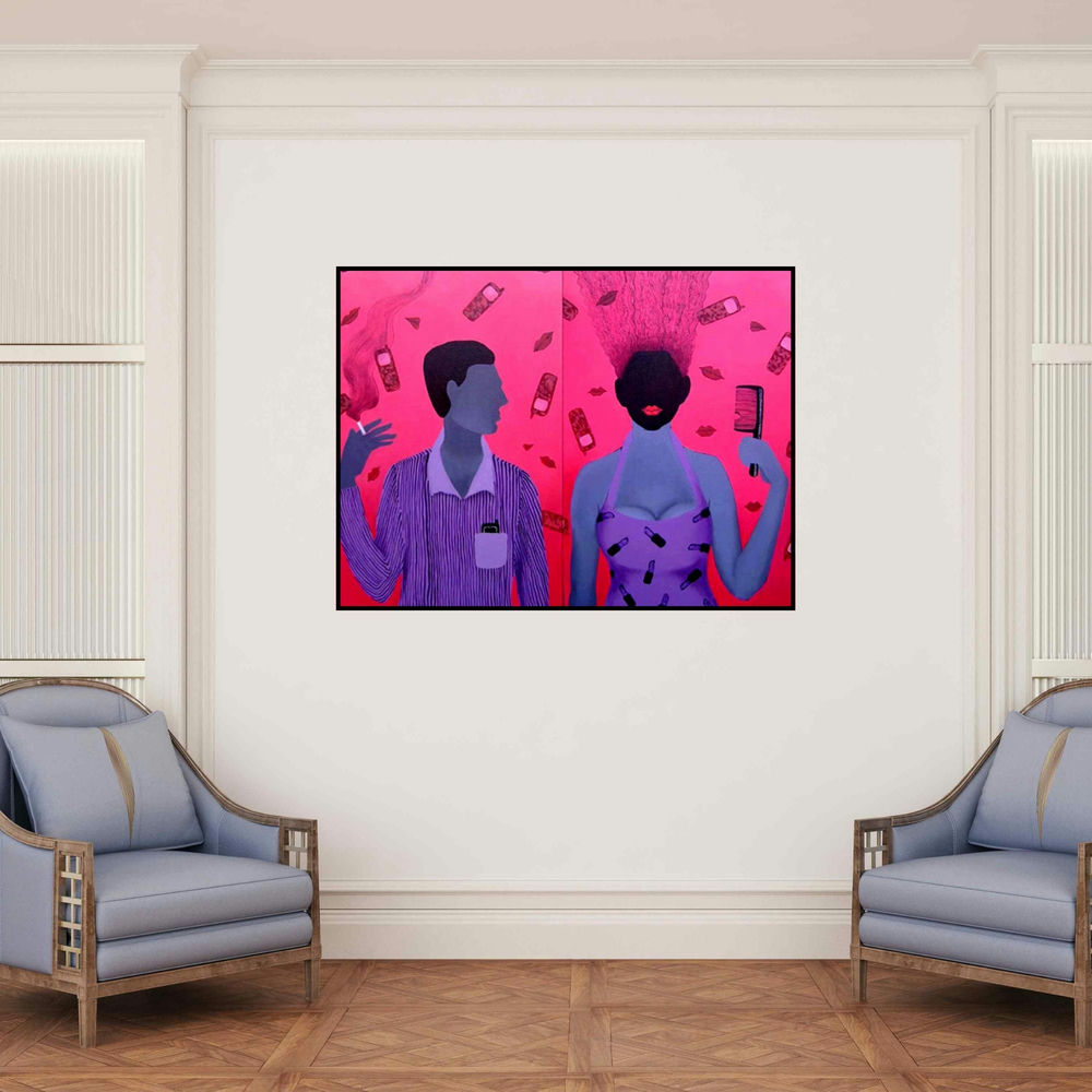 'He And She (Disconnected Connection)' painting by Puja Sarkar shown on a wall in a furnished room.