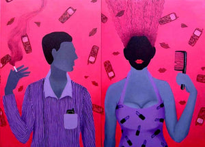 Figurative acrylic painting titled 'He And She', 36x48 inches, by artist Puja Sarkar on Canvas