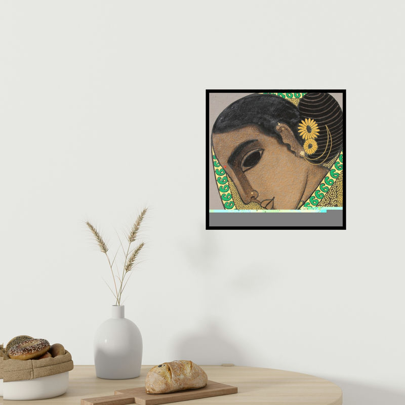 In-situ view of Mamta Mondkar's 'Head I (Gilded Gaze: A Portrait in Sepia Tones)' painting in a room