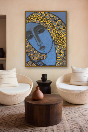 Head Ii (Veiled Majesty: A Portrait in Blue) by artist Mamta Mondkar displayed in a Museum Style gallery