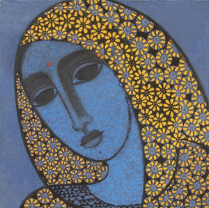 Head Ii (Veiled Majesty: A Portrait in Blue) by Mamta Mondkar, Original Acrylic Figurative Painting on Canvas, Small Square Wall Art