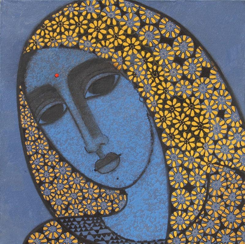 Figurative acrylic painting titled 'Head II', 18x18 inches, by artist Mamta Mondkar on Canvas