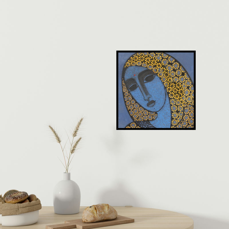 In-situ view of Mamta Mondkar's 'Head Iii (Emerald Enchantment: A Woman in Green)' painting in a room