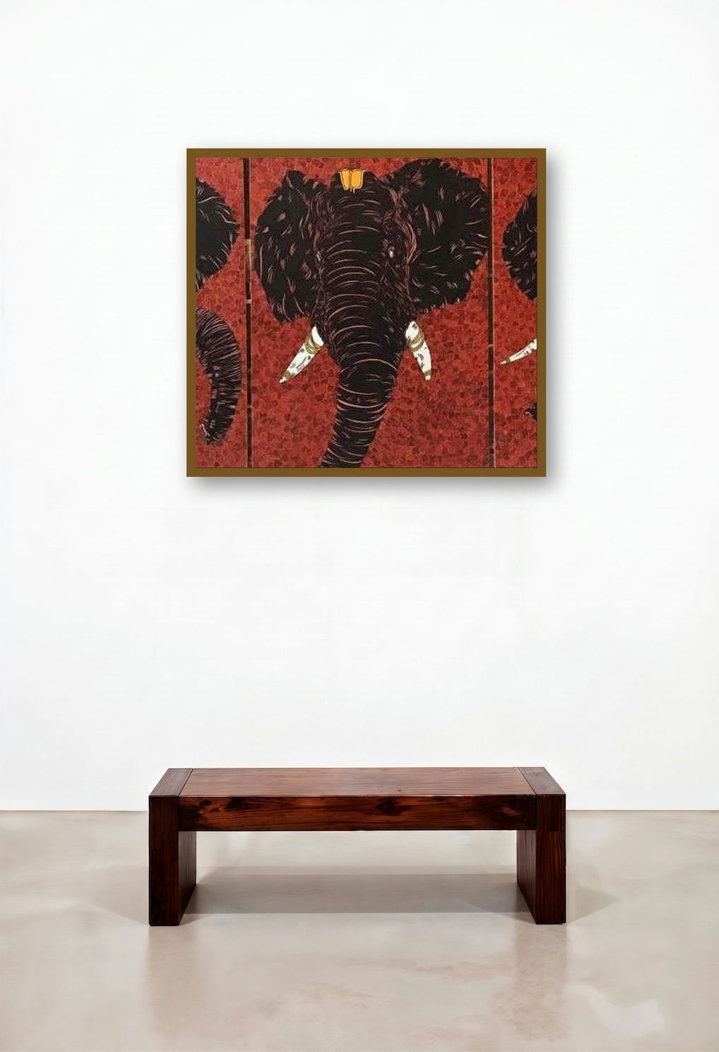 Heads (Majestic Trio) (Elephant Trio Crimson Majesty) by artist Rama Krishna V displayed in a Transitional Study