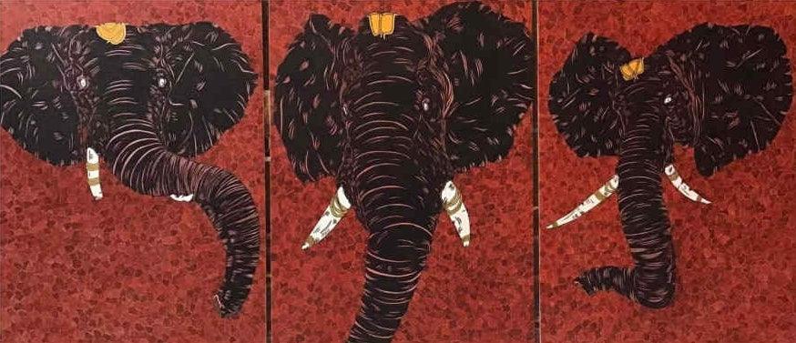 Religious acrylic pen painting titled 'Heads', 24x54 inches, by artist Rama Krishna V on Canvas Board