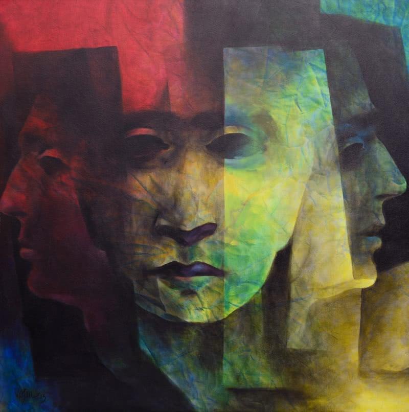Expressionist acrylic painting titled 'Heads', 46x46 inches, by artist Vishnu Sonavane on Canvas