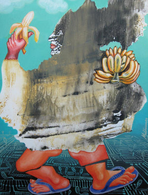 Healthy Walk (The Banana Conveyor) by Mithun Dasgupta, Original Acrylic Fantasy Painting on Acid Free Paper, X-Small Vertical Wall Art