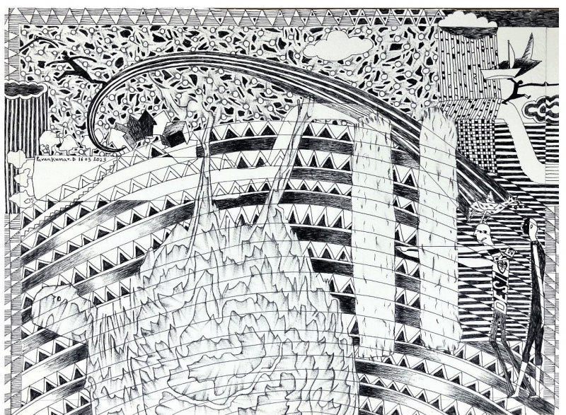 Heart Is Melting' contemporary pen-ink drawing by artist Pavan Kumar D, 11x15 inch, on paper