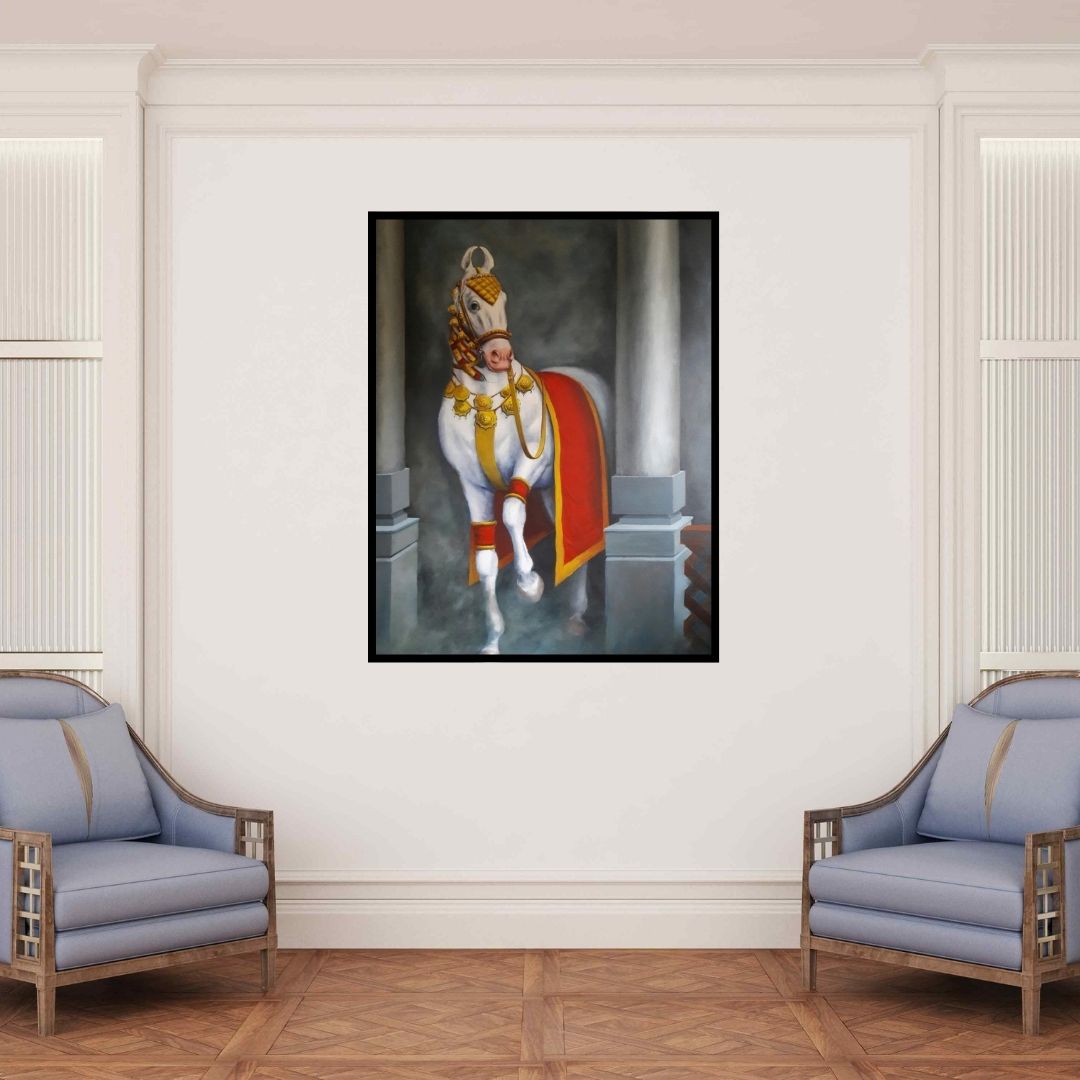 In-situ view of Sarang Pharate's 'In Heaven 2 (Ceremonial Horse)' painting in a room
