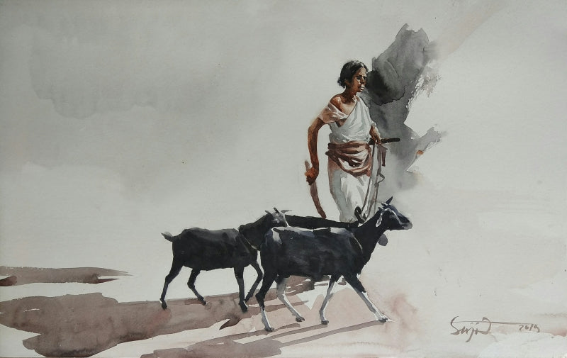 With Her Goats' figurative watercolor painting by artist Das Sujith, 15x22 inch, on paper