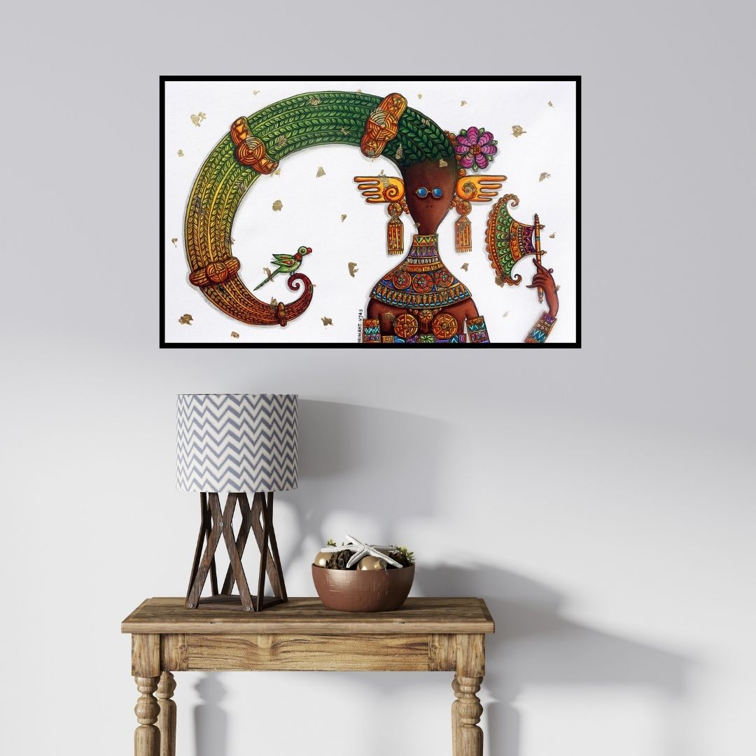 In-situ view of Dhimant Vyas's 'Her Majesty 2 (Guardian of the Cosmos)' painting in a room