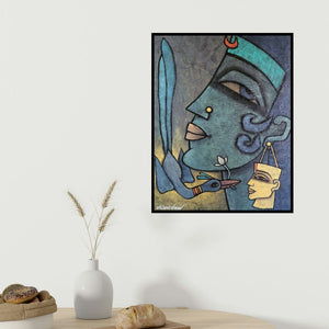 Krishna Ashok's 'Her Ornament 1 (The Enigmatic Figure)' painting visualized above a sofa in a contemporary room.