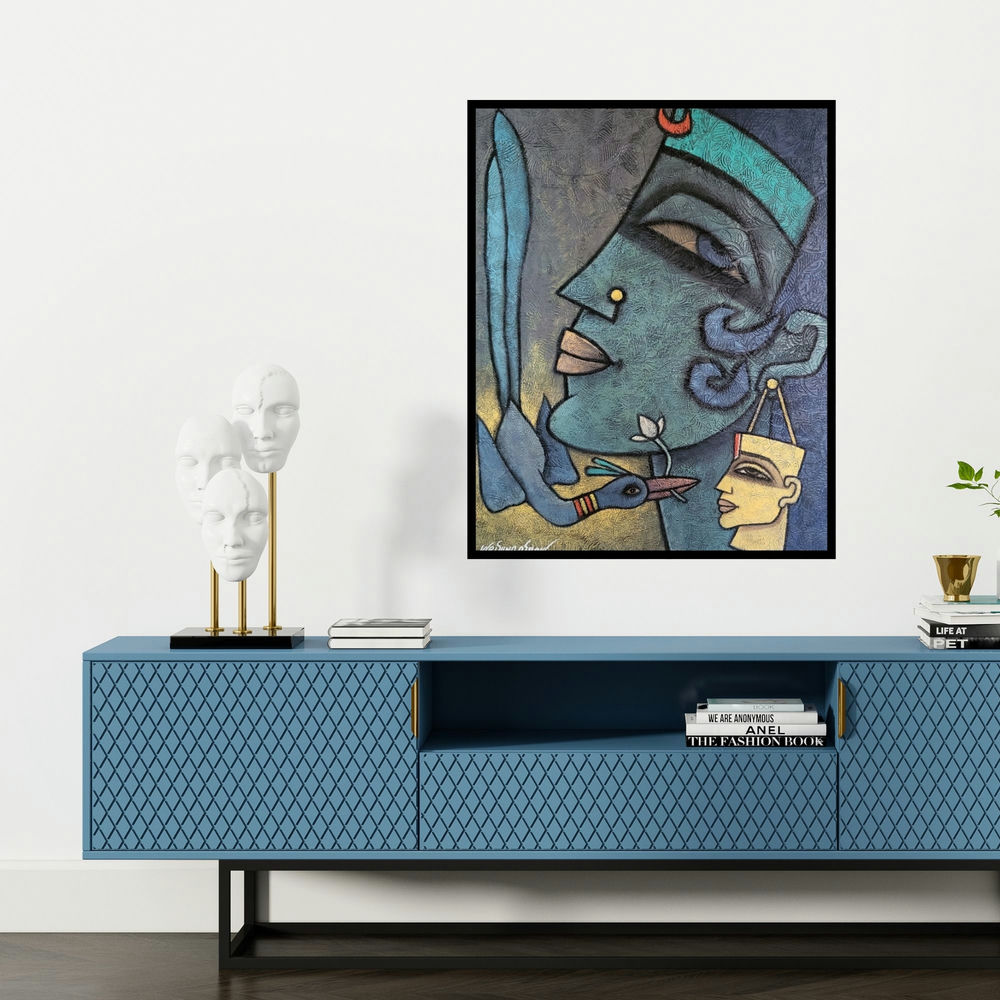 'Her Ornament 1 (The Enigmatic Figure)' painting by Krishna Ashok shown on a wall in a furnished room.
