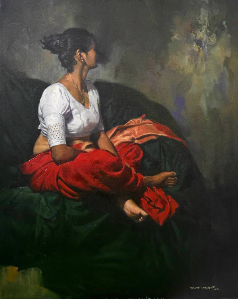 In Her Own World' figurative oil painting by artist Prasad Thite, 30x24 inch, on canvas