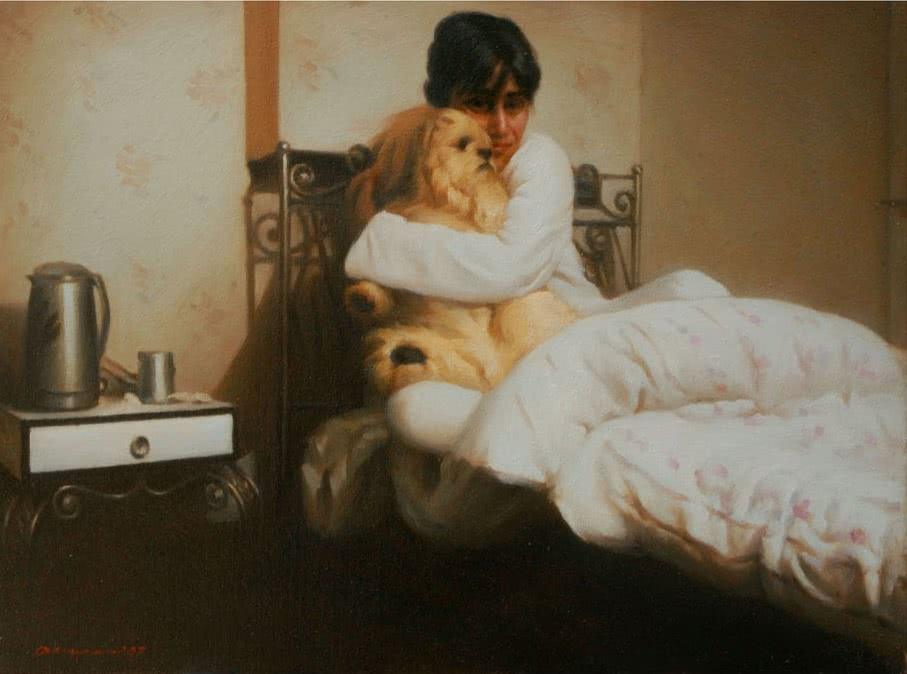 Animals oil painting titled 'Her Pet', 26x24 inches, by artist Anupam Halder on Canvas